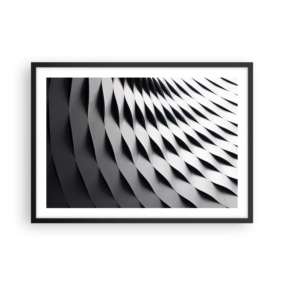 Poster in einem schwarzem Rahmen - Abstraktes geometrisches Muster in Schwarz-Weiß-Tönen - 70x50cm - Auf der Oberfläche der Wellen - Moderne Wanddekoration für Wohnzimmer und Schlafzimmer ARTTOR