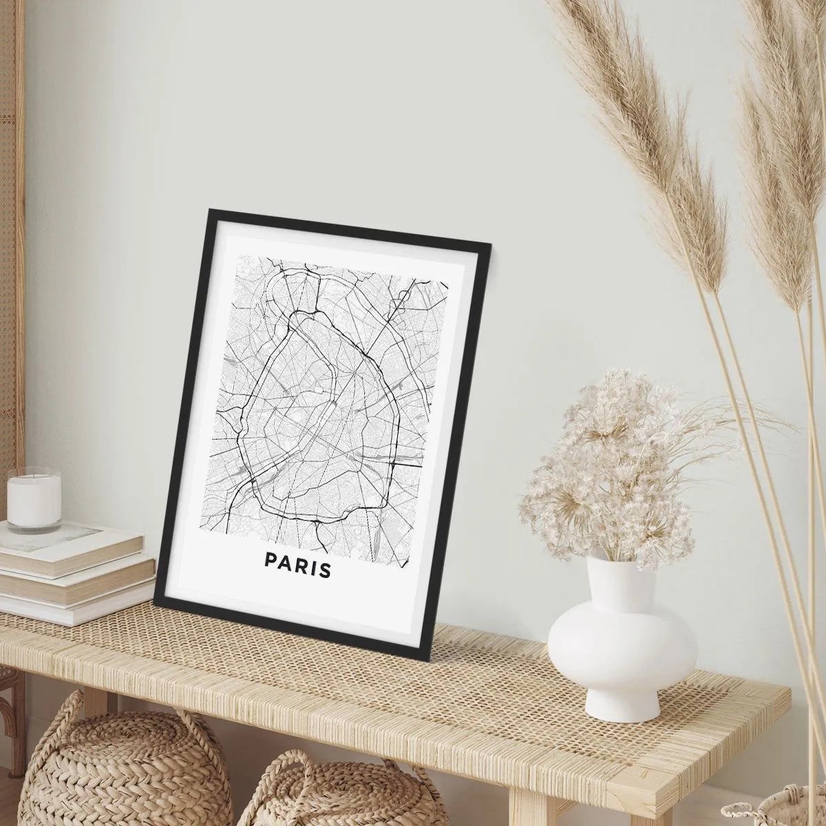 Poster in einem schwarzem Rahmen - Eine Karte von Paris im minimalistischen Schwarz-Weiß-Stil. - 50x70cm - Pariser Blume - Moderne Wanddekoration für Wohnzimmer und Schlafzimmer ARTTOR