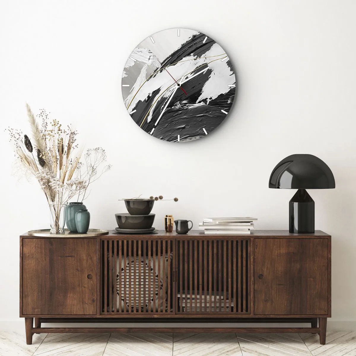 Wanduhr - Glasuhr - Dynamische Pinselstriche in Schwarz, Weiß und Grau - 30x30cm - Abstraktion in großem Stil - Moderne Wanddekoration für Wohnzimmer, Küche und Schlafzimmer ARTTOR