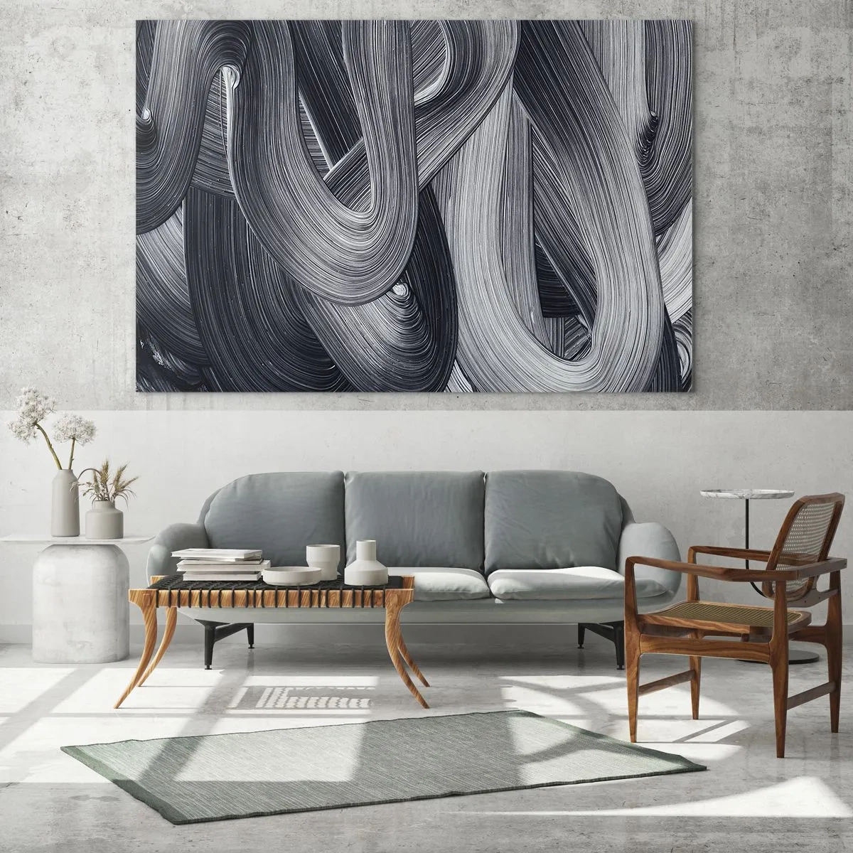 Glasbild - Bild auf glas - Abstrakte Pinselstriche in Schwarz- und Grautönen - 70x50cm - Die Fließfähigkeit der Realität - Moderne Wanddekoration für Wohnzimmer und Schlafzimmer ARTTOR