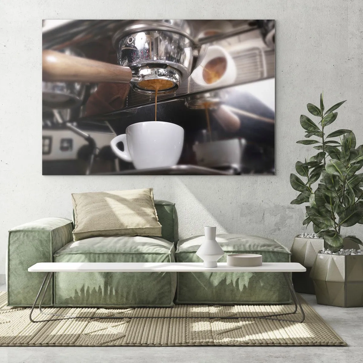 Glasbild - Bild auf glas - Nahaufnahme einer Tasse Kaffee, die aus einer Druckkaffeemaschine eingeschenkt wird - 70x50cm - Gute Zeit des Tages - Moderne Wanddekoration für Wohnzimmer und Schlafzimmer ARTTOR
