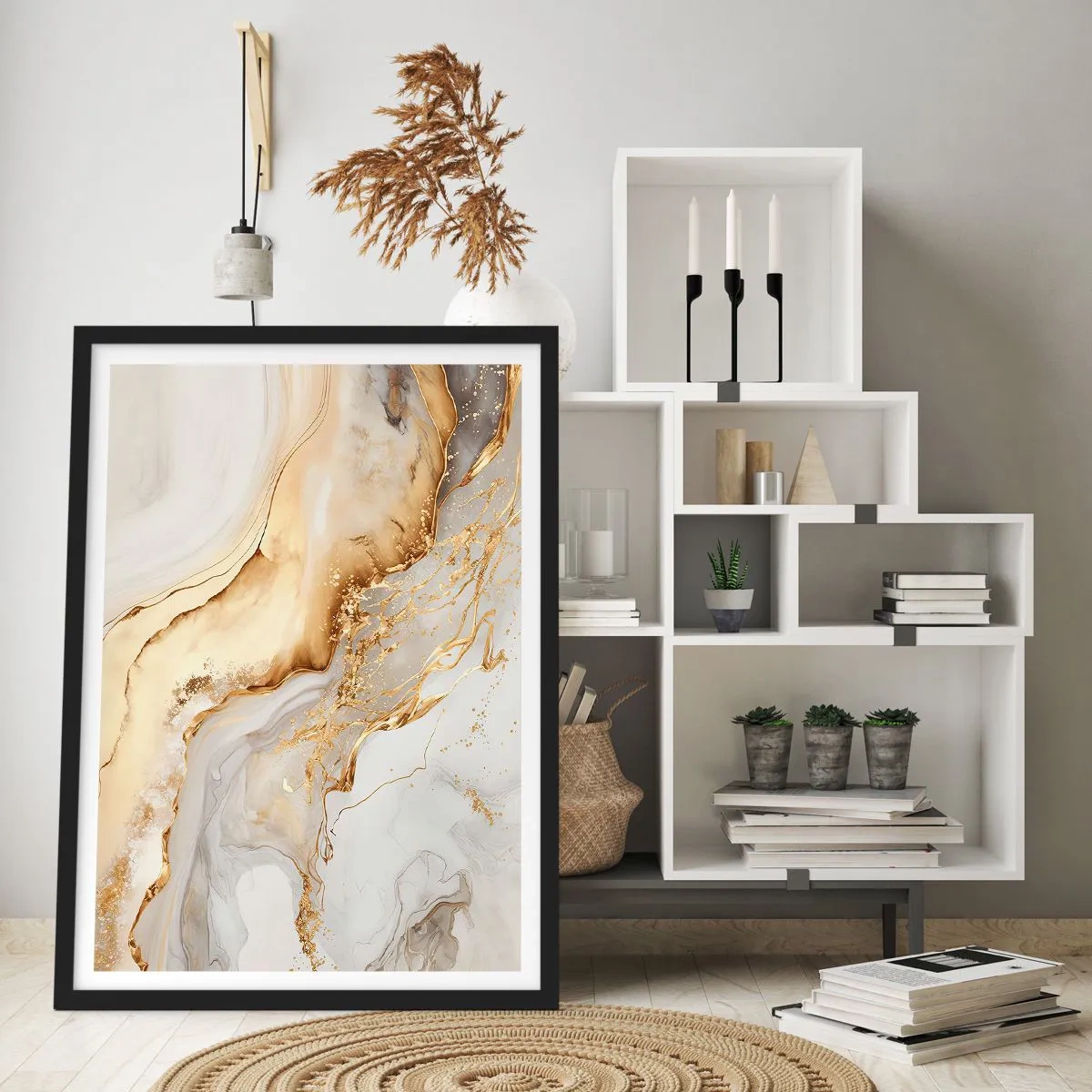 Poster in einem schwarzem Rahmen - Abstrakte Komposition aus Gold und weißem Marmor - 50x70cm - Abstraktion: Schönheit und Güte - Moderne Wanddekoration für Wohnzimmer und Schlafzimmer ARTTOR