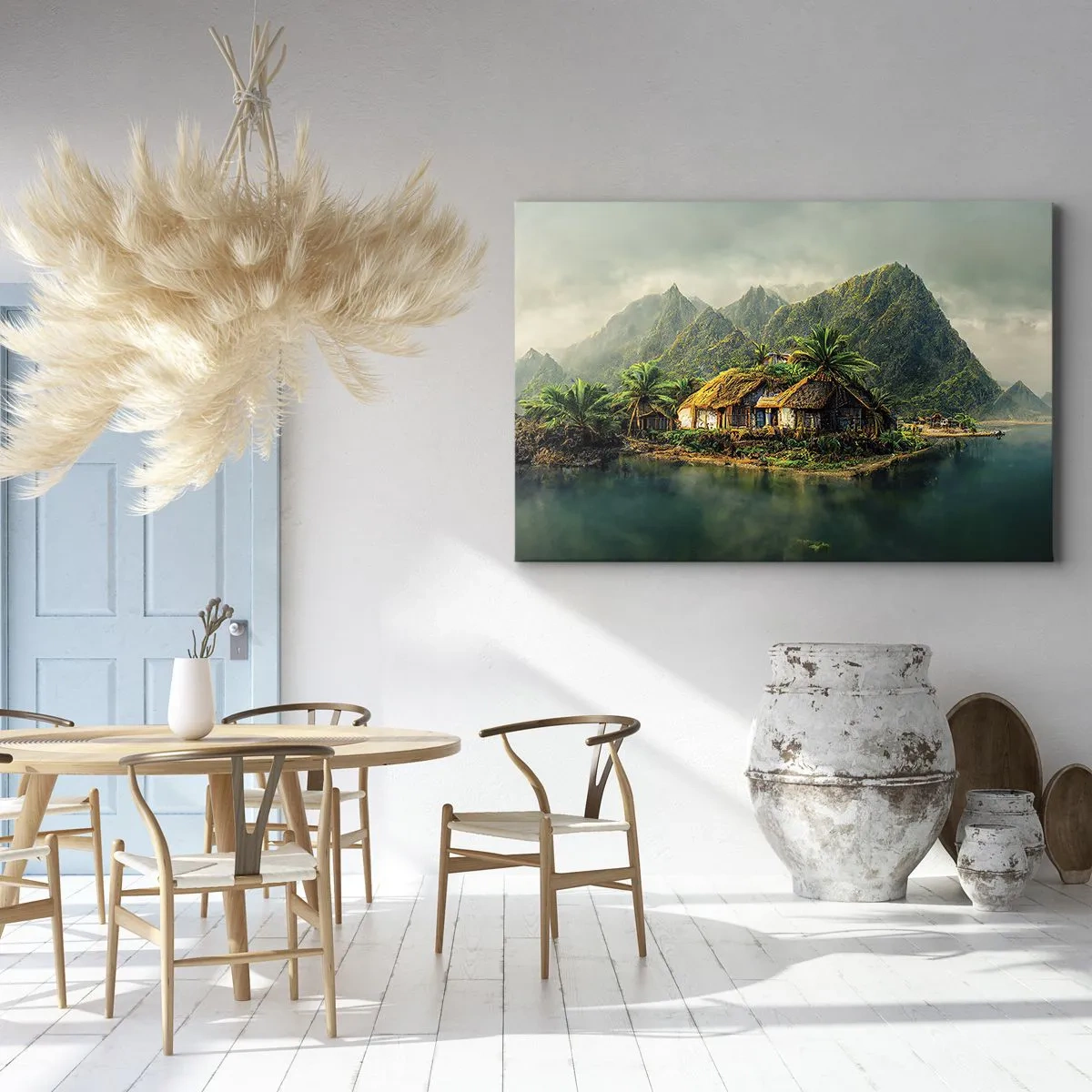 Bild auf Leinwand - Leinwandbild - Eine tropische Insel mit Palmen und Bergen im Hintergrund - 70x50cm - Tropisches Paradies - Moderne Wanddekoration für Wohnzimmer und Schlafzimmer ARTTOR