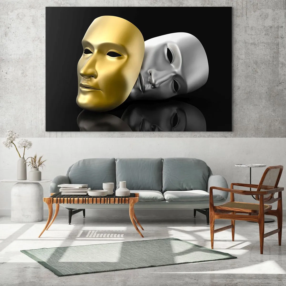 Glasbild - Bild auf glas - Gold- und Silbermaske auf schwarzem Hintergrund - 70x50cm - Das Leben ist wie ein Theater - Moderne Wanddekoration für Wohnzimmer und Schlafzimmer ARTTOR