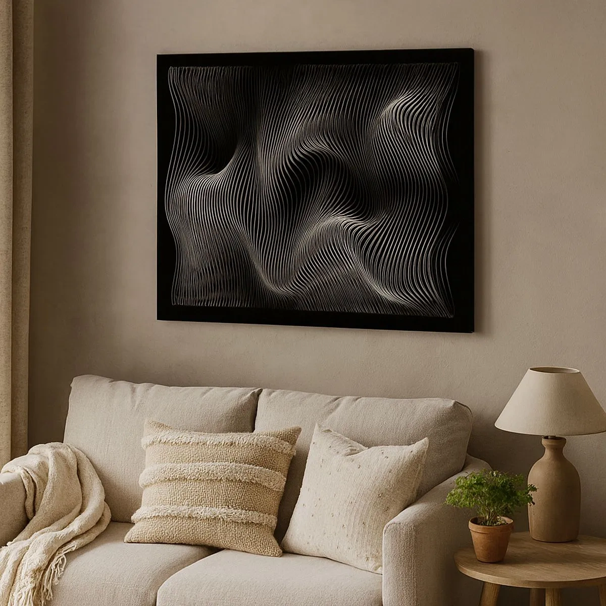 Bild auf Leinwand - Leinwandbild - Abstrakte weiße Linien auf schwarzem Hintergrund - 70x50cm - Lichttanz im Raum - Moderne Wanddekoration für Wohnzimmer und Schlafzimmer ARTTOR