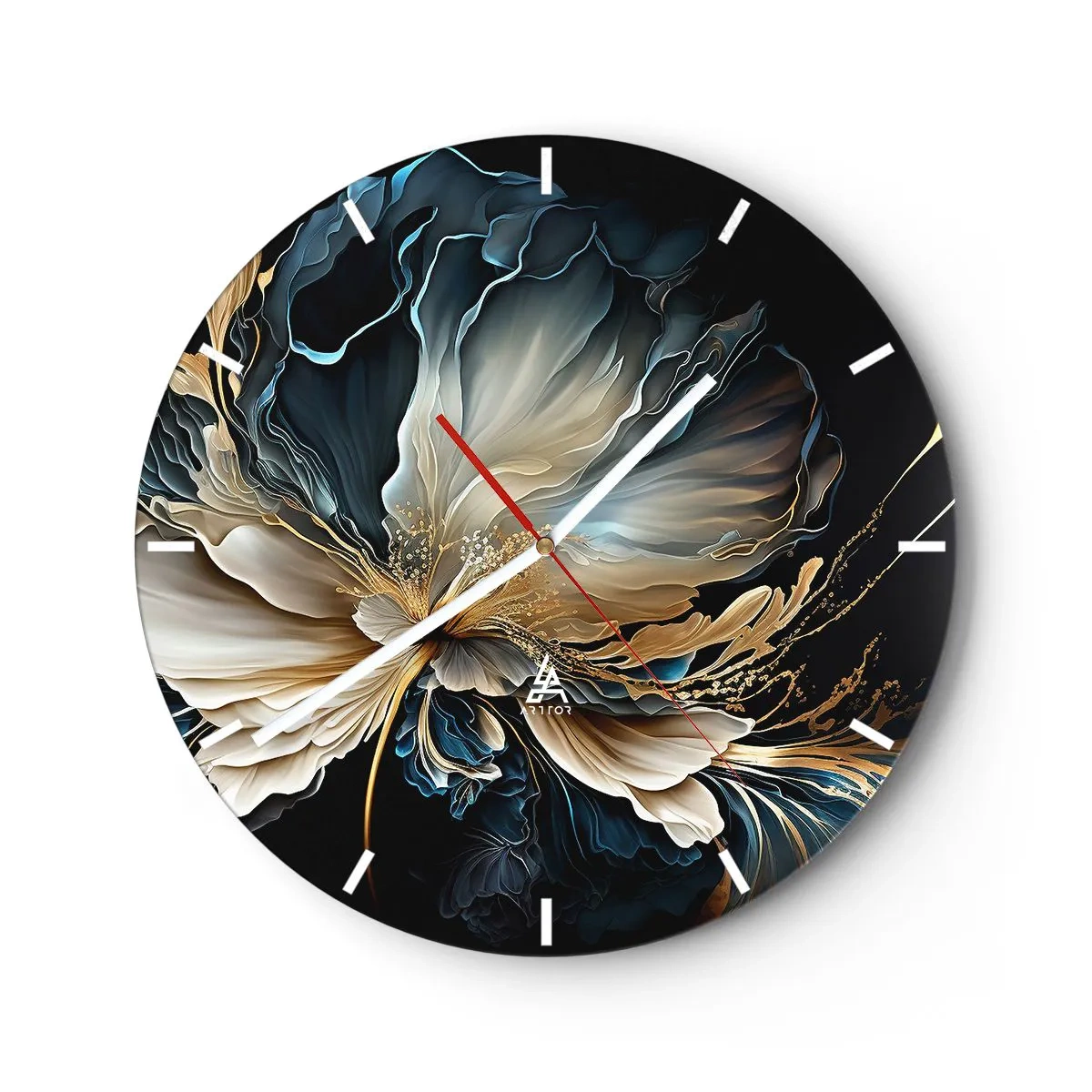 Wanduhr - Glasuhr - Eine ausgefallene Blume mit fließenden Formen in Gold und Marineblau. - 30x30cm - Märchenhafte Farnblume - Moderne Wanddekoration für Wohnzimmer, Küche und Schlafzimmer ARTTOR