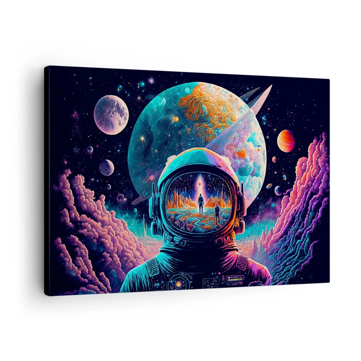 Bild auf Leinwand - Leinwandbild - Astronaut im Weltraum mit einer farbenfrohen Planetenlandschaft - 70x50cm - Philosophen haben nicht davon geträumt - Moderne Wanddekoration für Wohnzimmer und Schlafzimmer ARTTOR
