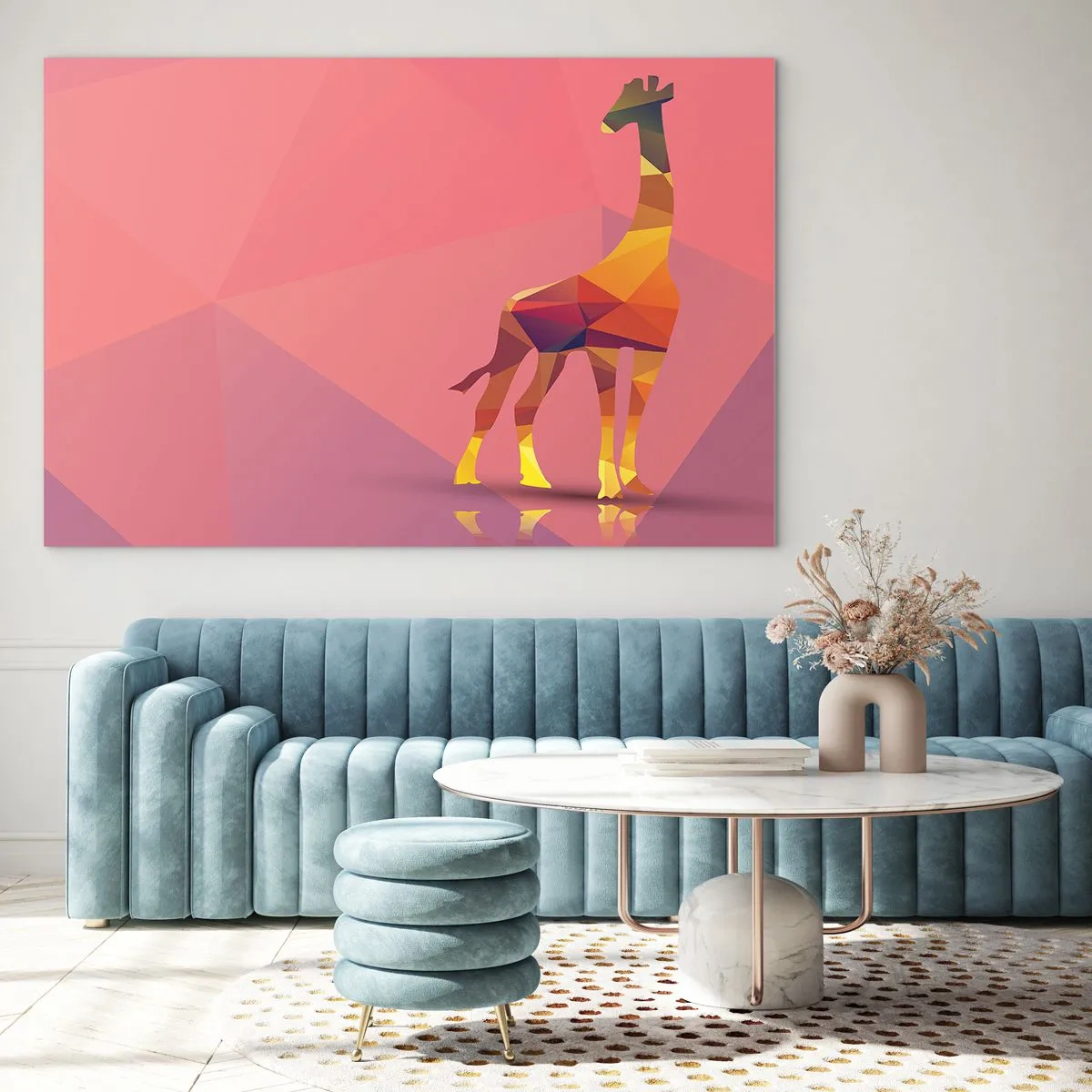 Glasbild - Bild auf glas - Geometrische Giraffe auf pastellfarbenem Hintergrund - 70x50cm - In den Farben der Savanne - Moderne Wanddekoration für Wohnzimmer und Schlafzimmer ARTTOR