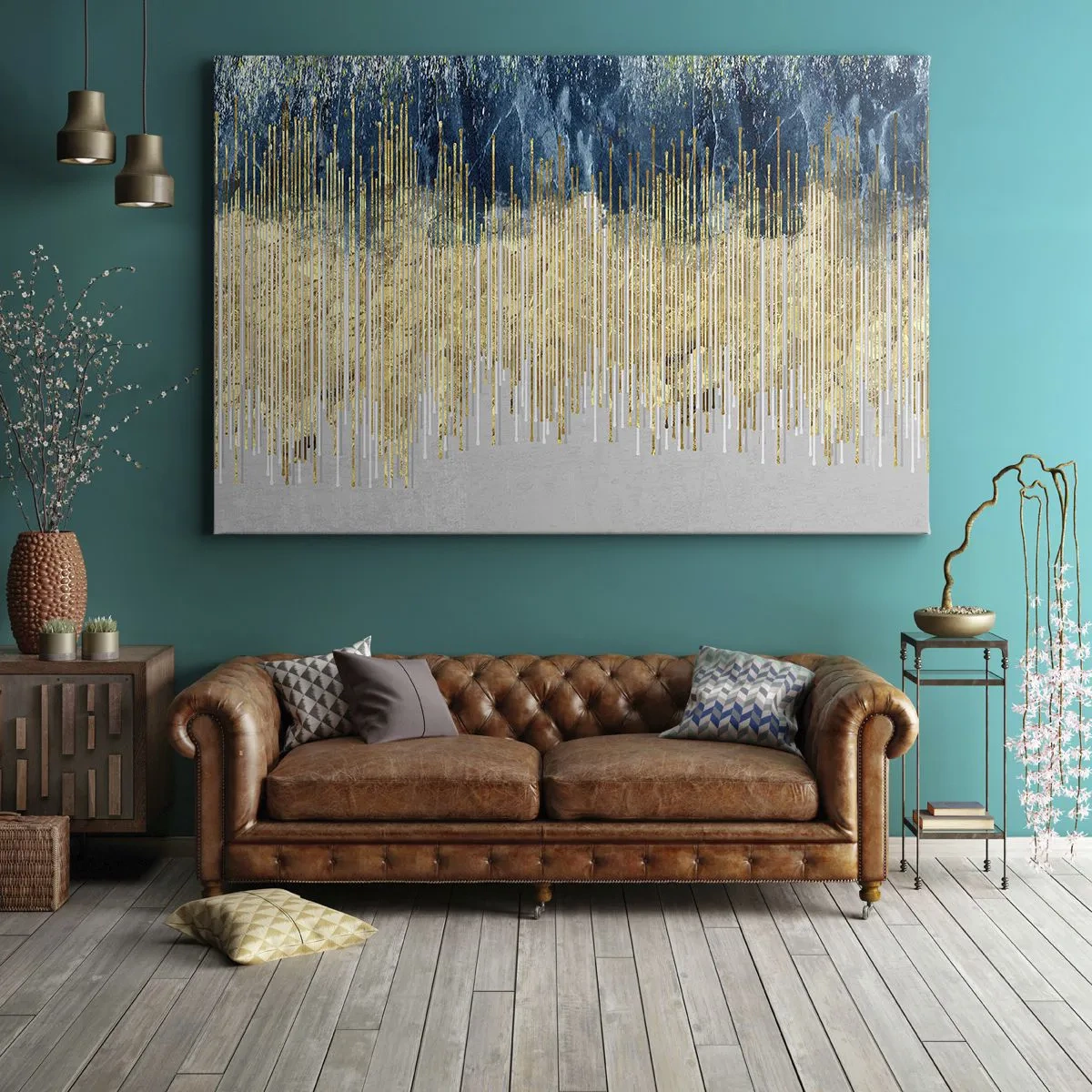 Bild auf Leinwand - Leinwandbild - Goldene Linien vor einem Hintergrund aus marineblauer und grauer Abstraktion - 70x50cm - Vergoldete Grenze - Moderne Wanddekoration für Wohnzimmer und Schlafzimmer ARTTOR