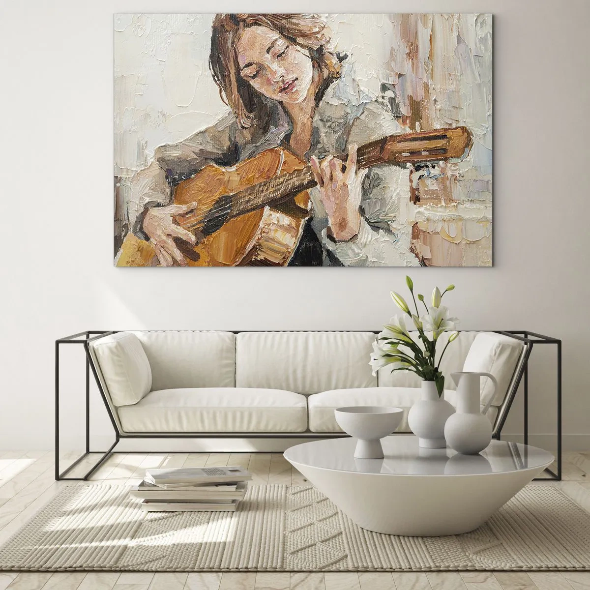 Glasbild - Bild auf glas - Ein Mädchen, das im impressionistischen Stil Gitarre spielt - 70x50cm - Konzert für Gitarre und Mädchenherz - Moderne Wanddekoration für Wohnzimmer und Schlafzimmer ARTTOR