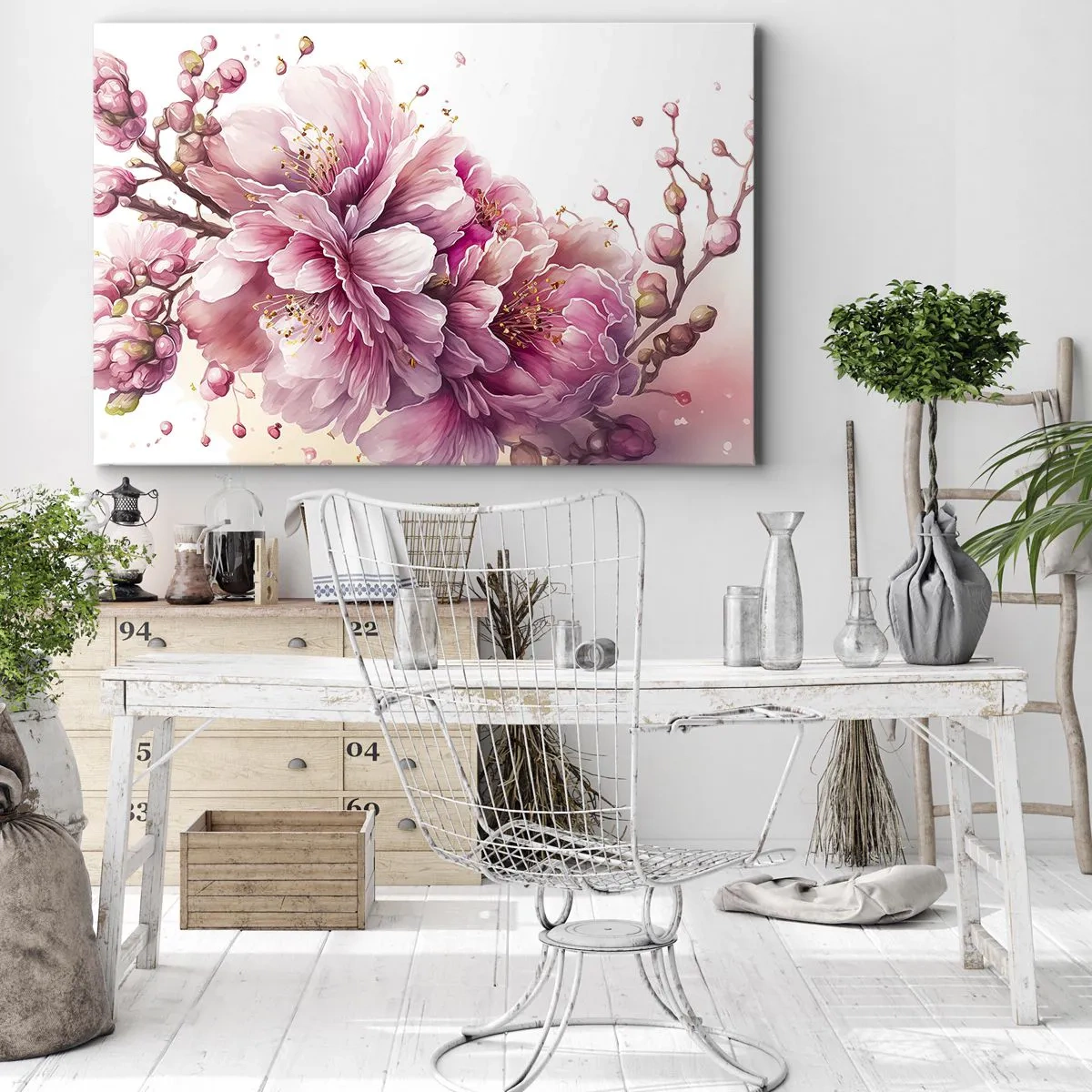 Bild auf Leinwand - Leinwandbild - Zarte Kirschblüten in voller Blüte vor hellem Hintergrund - 70x50cm - Kirschblütenblüte - Moderne Wanddekoration für Wohnzimmer und Schlafzimmer ARTTOR
