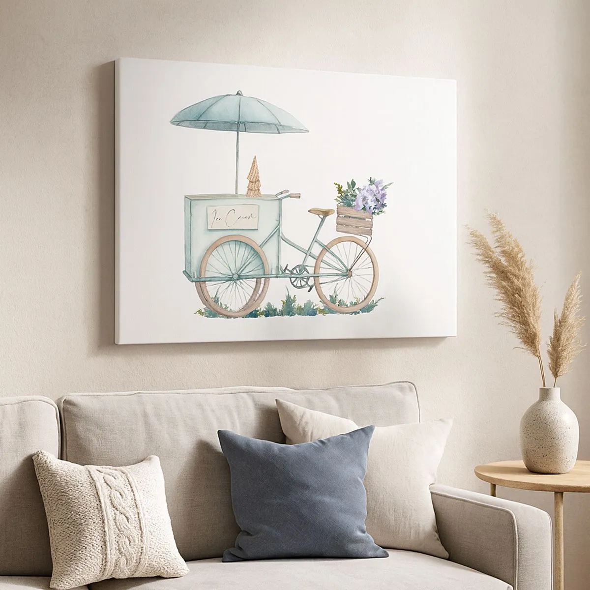 Bild auf Leinwand - Leinwandbild - Ein Fahrrad mit Eis und Blumen unter einem Regenschirm in zarten Pastellfarben - 70x50cm - Süße Erinnerung an den Sommer - Moderne Wanddekoration für Wohnzimmer und Schlafzimmer ARTTOR