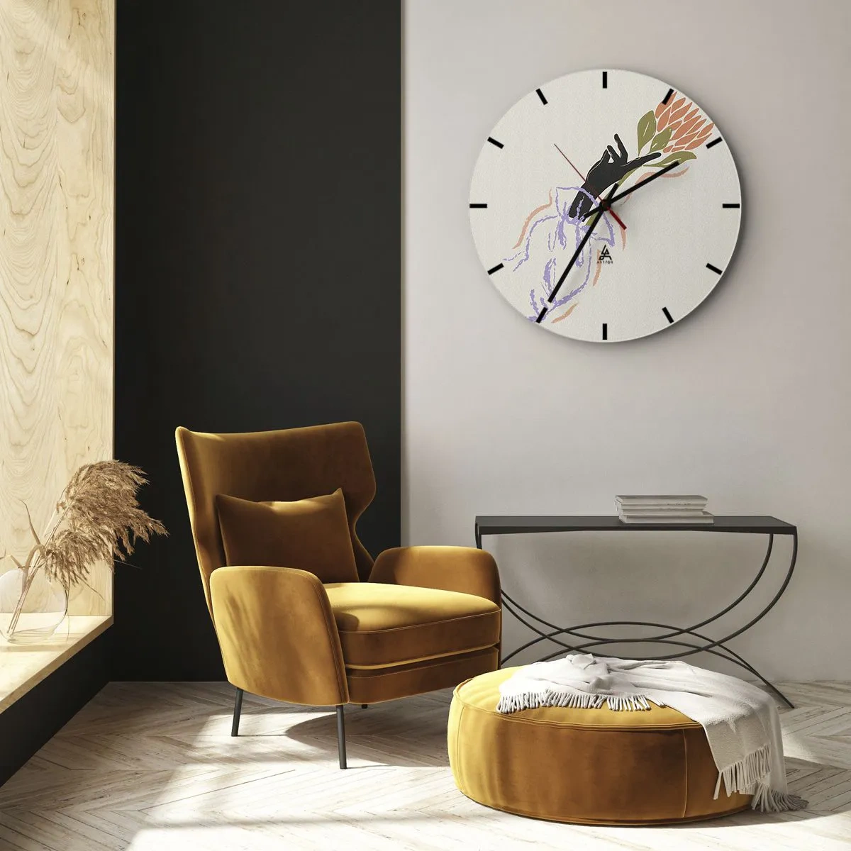 Wanduhr - Glasuhr - Eine stilisierte Hand, die eine Blume in Pastellfarben hält. - 30x30cm - Schwesterliche Berührung - Moderne Wanddekoration für Wohnzimmer, Küche und Schlafzimmer ARTTOR