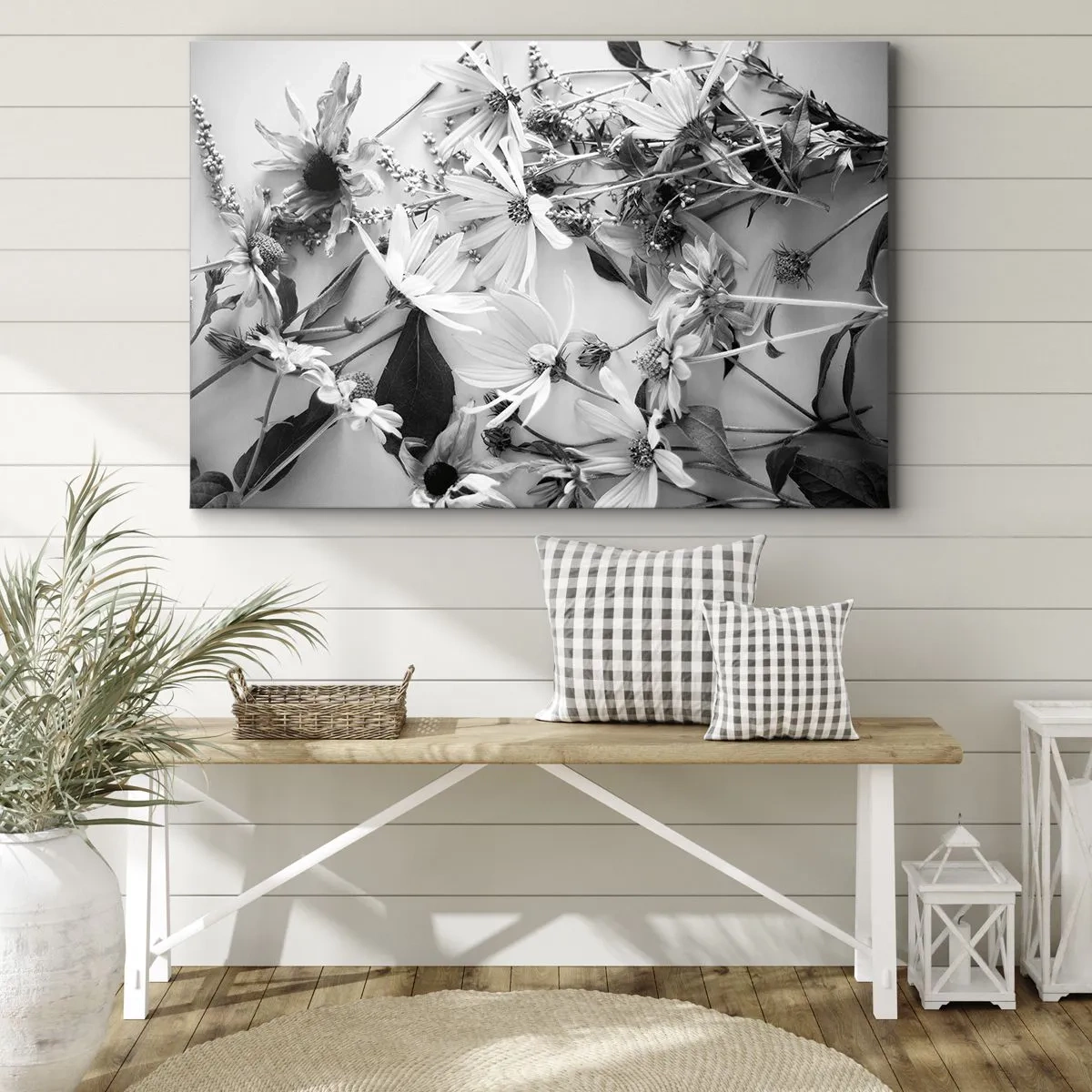 Bild auf Leinwand - Leinwandbild - Schwarz-weiße Blumenarrangements in dezentem Kunststil - 70x50cm - Kein Blumenstrauß - Moderne Wanddekoration für Wohnzimmer und Schlafzimmer ARTTOR