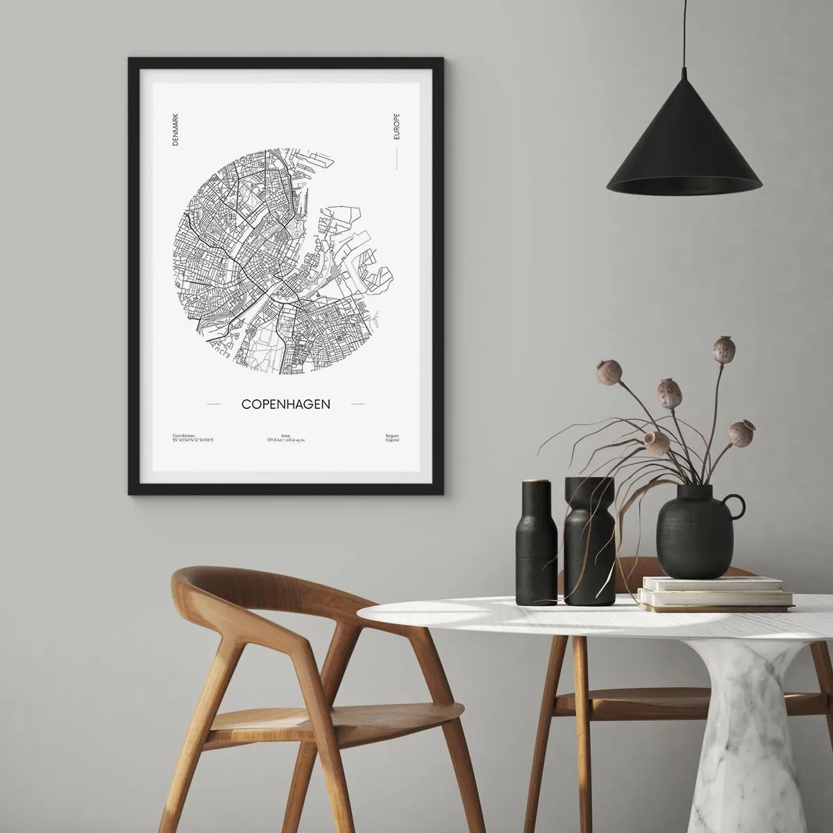 Poster in einem schwarzem Rahmen - Eine minimalistische Karte von Kopenhagen in Schwarzweiß. - 50x70cm - Anatomie von Kopenhagen - Moderne Wanddekoration für Wohnzimmer und Schlafzimmer ARTTOR