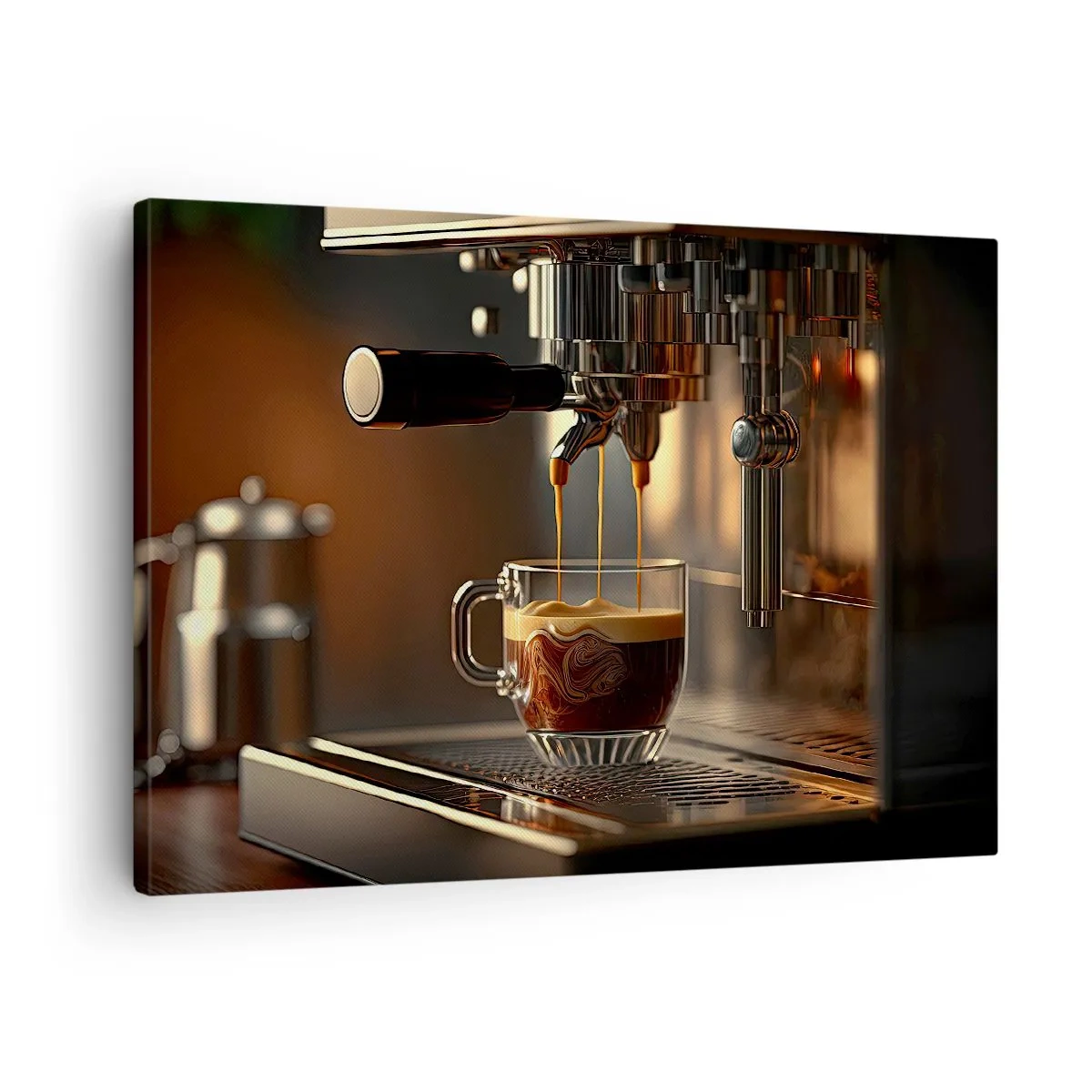 Bild auf Leinwand - Leinwandbild - Kaffeemaschine mit einer Tasse aromatischem Espresso - 70x50cm - Sinnliche Mischung - Moderne Wanddekoration für Wohnzimmer und Schlafzimmer ARTTOR