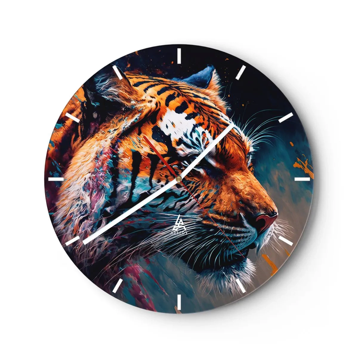 Wanduhr - Glasuhr - Portrait eines Tigers in intensiven Farben mit malerischen Akzenten - 30x30cm - Wilde Schönheit - Moderne Wanddekoration für Wohnzimmer, Küche und Schlafzimmer ARTTOR