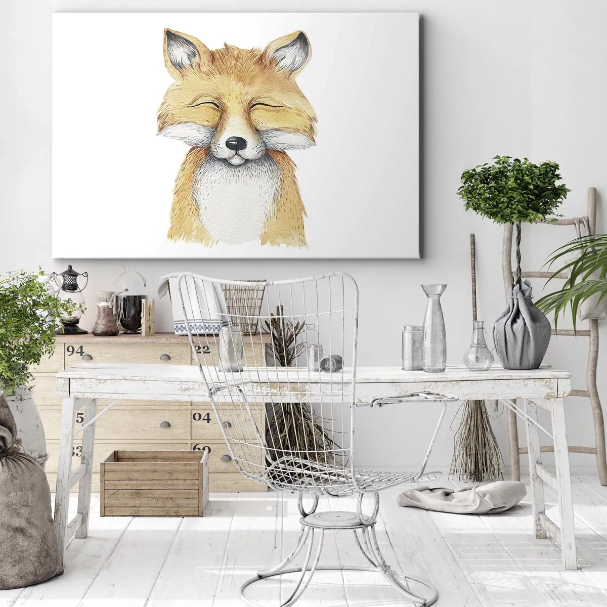 Bild auf Leinwand - Leinwandbild - Ein Aquarellfuchs mit einem Lächeln im minimalistischen Stil - 70x50cm - Fuchsstimmungen - Moderne Wanddekoration für Wohnzimmer und Schlafzimmer ARTTOR