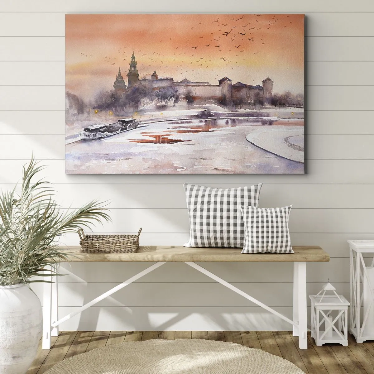 Bild auf Leinwand - Leinwandbild - Sonnenuntergang über dem Schloss in einer Winterlandschaft - 70x50cm - Königlicher Sonnenuntergang - Moderne Wanddekoration für Wohnzimmer und Schlafzimmer ARTTOR