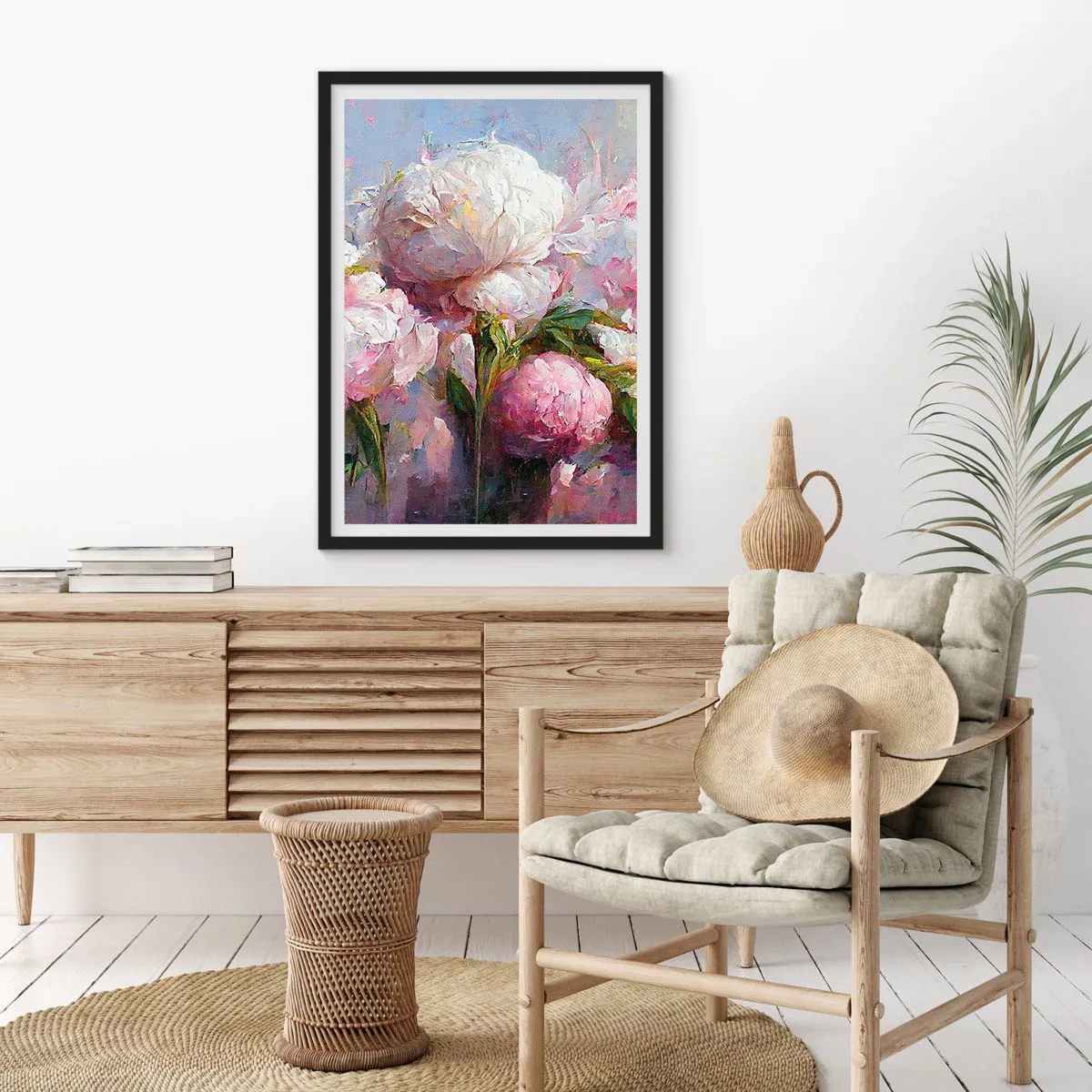Poster in einem schwarzem Rahmen - Pfingstrosen in einer romantischen, malerischen Komposition - 50x70cm - Strauß voller Leben - Moderne Wanddekoration für Wohnzimmer und Schlafzimmer ARTTOR