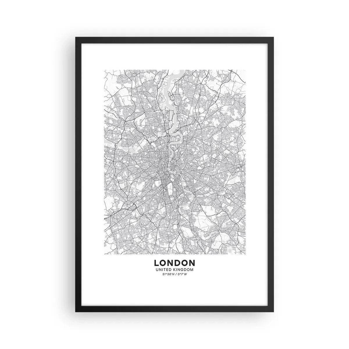 Poster in einem schwarzem Rahmen - Schwarzweißkarte von London mit genauen Straßendetails - 50x70cm - Karte des Labyrinths von London - Moderne Wanddekoration für Wohnzimmer und Schlafzimmer ARTTOR
