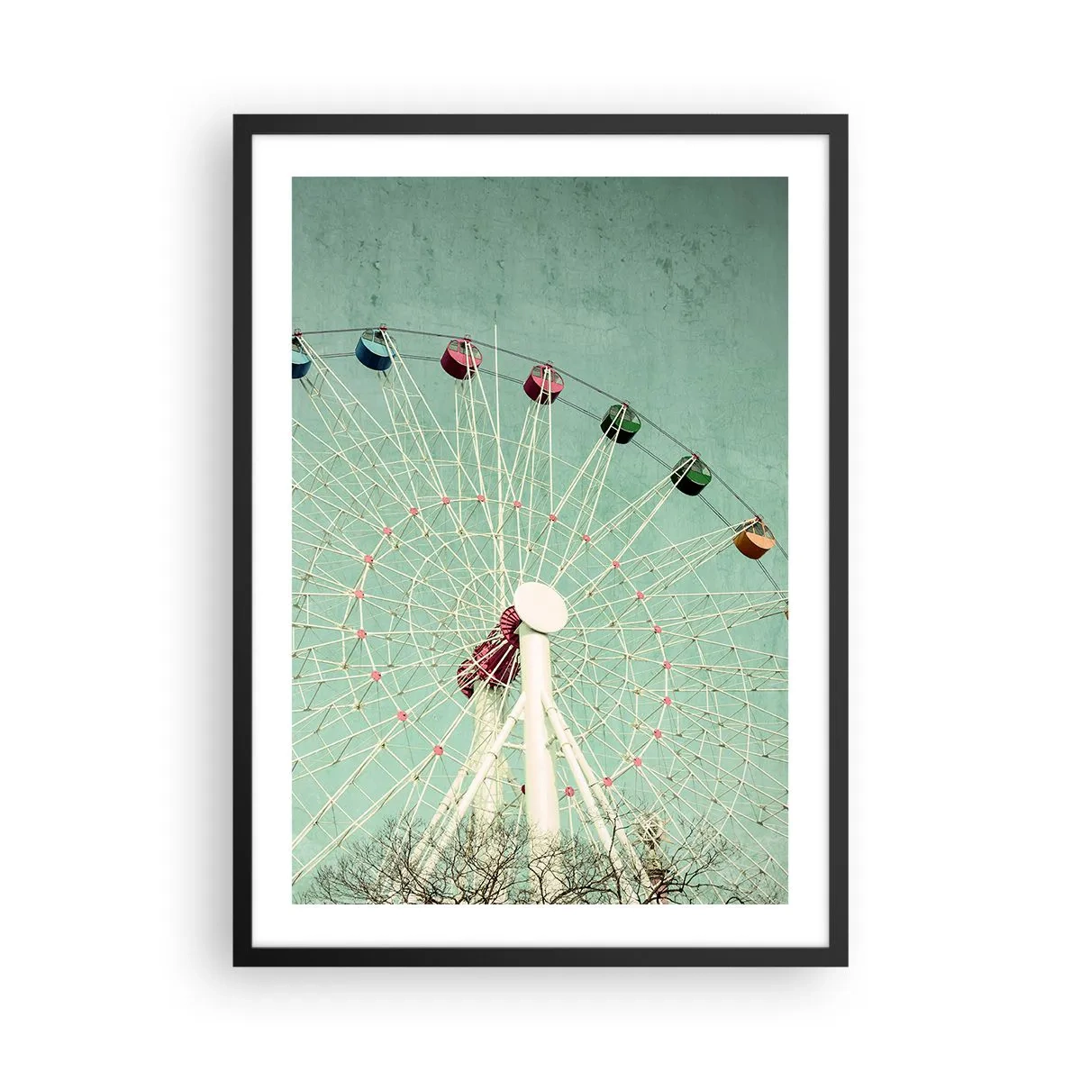 Poster in einem schwarzem Rahmen - Ein Retro-Riesenrad vor einem mintfarbenen Himmel - 50x70cm - Wir laden zum Spiel ein - Moderne Wanddekoration für Wohnzimmer und Schlafzimmer ARTTOR
