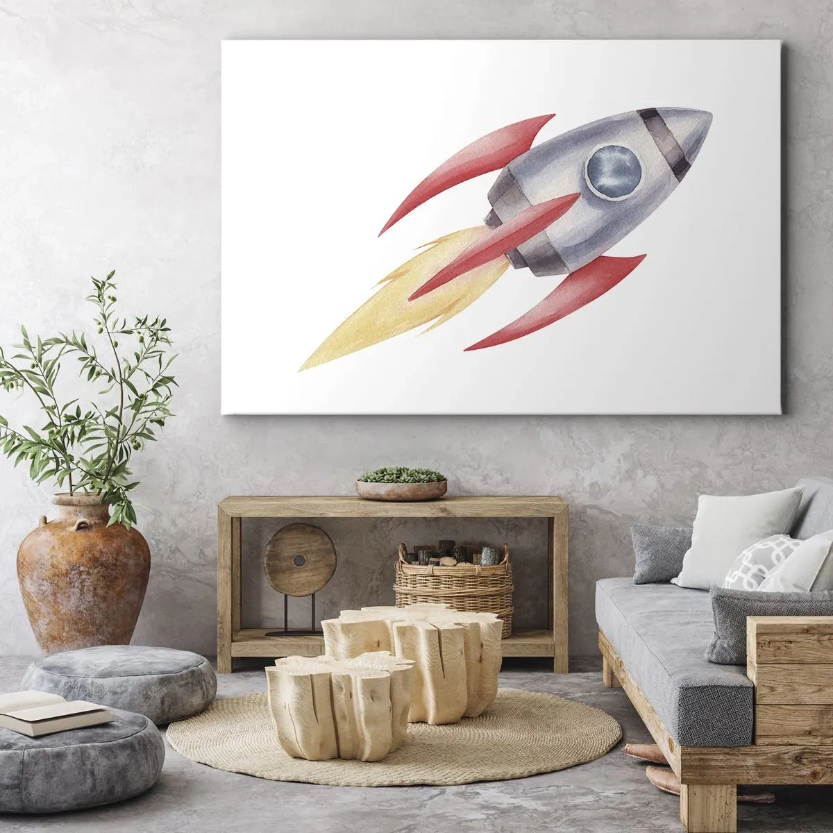 Bild auf Leinwand - Leinwandbild - Rakete im Aquarellstil auf weißem Hintergrund - 70x50cm - Höher, schneller, weiter - Moderne Wanddekoration für Wohnzimmer und Schlafzimmer ARTTOR