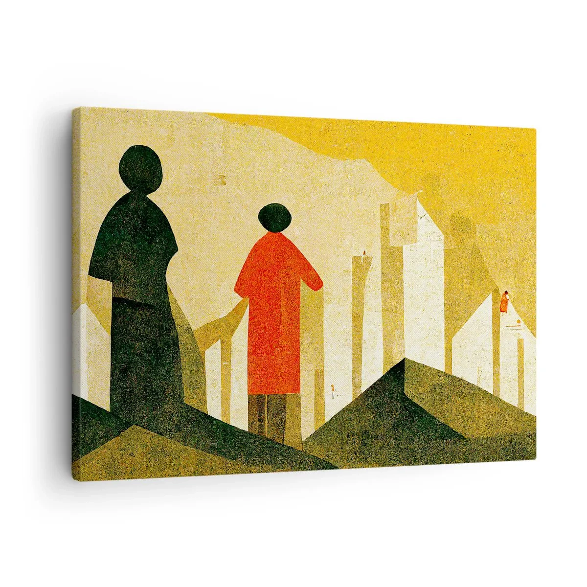 Bild auf Leinwand - Leinwandbild - Geometrische Silhouetten in Rot und Grün auf gelbem Hintergrund - 70x50cm - Es ist noch ein langer Weg - Moderne Wanddekoration für Wohnzimmer und Schlafzimmer ARTTOR