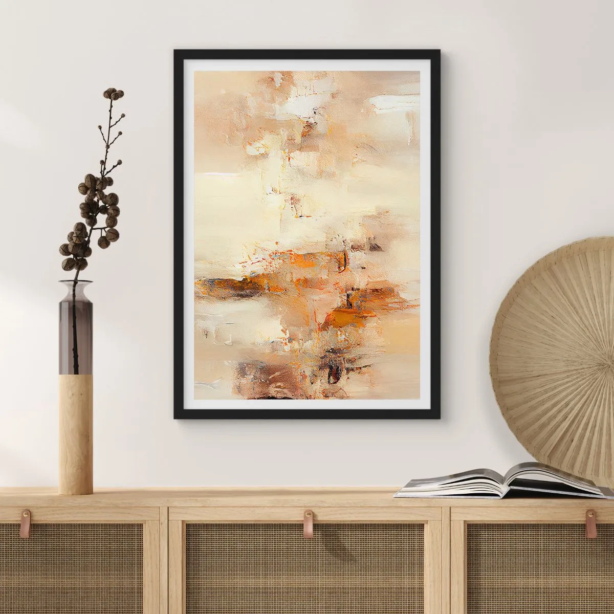 Poster in einem schwarzem Rahmen - Eine abstrakte Komposition in warmen Beige- und Goldtönen. - 50x70cm - Seele aus Bernstein - Moderne Wanddekoration für Wohnzimmer und Schlafzimmer ARTTOR