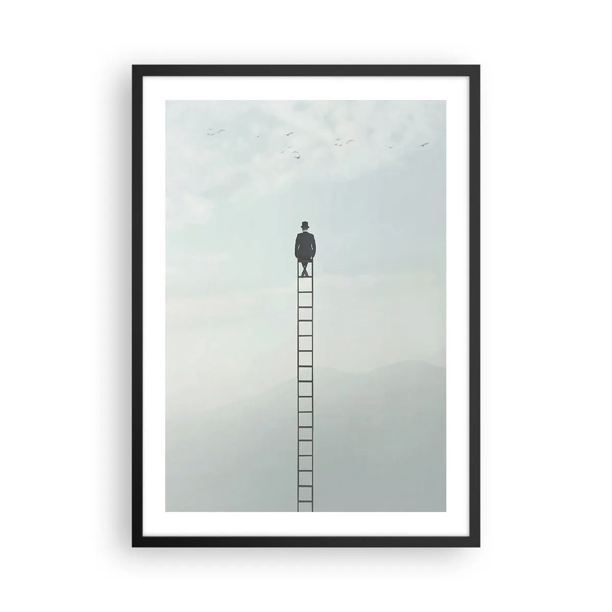 Poster in einem schwarzem Rahmen - Mann auf einer Leiter, der in den Himmel schaut - 50x70cm - Erhebe dich darüber! - Moderne Wanddekoration für Wohnzimmer und Schlafzimmer ARTTOR