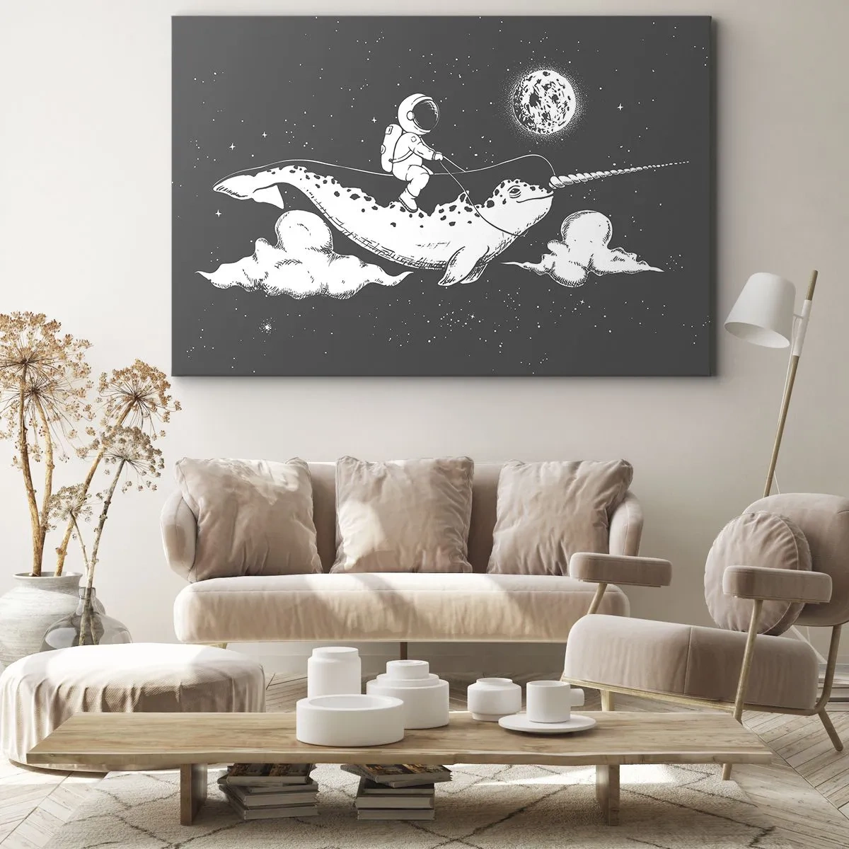 Bild auf Leinwand - Leinwandbild - Ein Astronaut auf dem Rücken eines Narwals, der in einer Weltraumszene schwimmt. - 70x50cm - Weltraumreiter - Moderne Wanddekoration für Wohnzimmer und Schlafzimmer ARTTOR