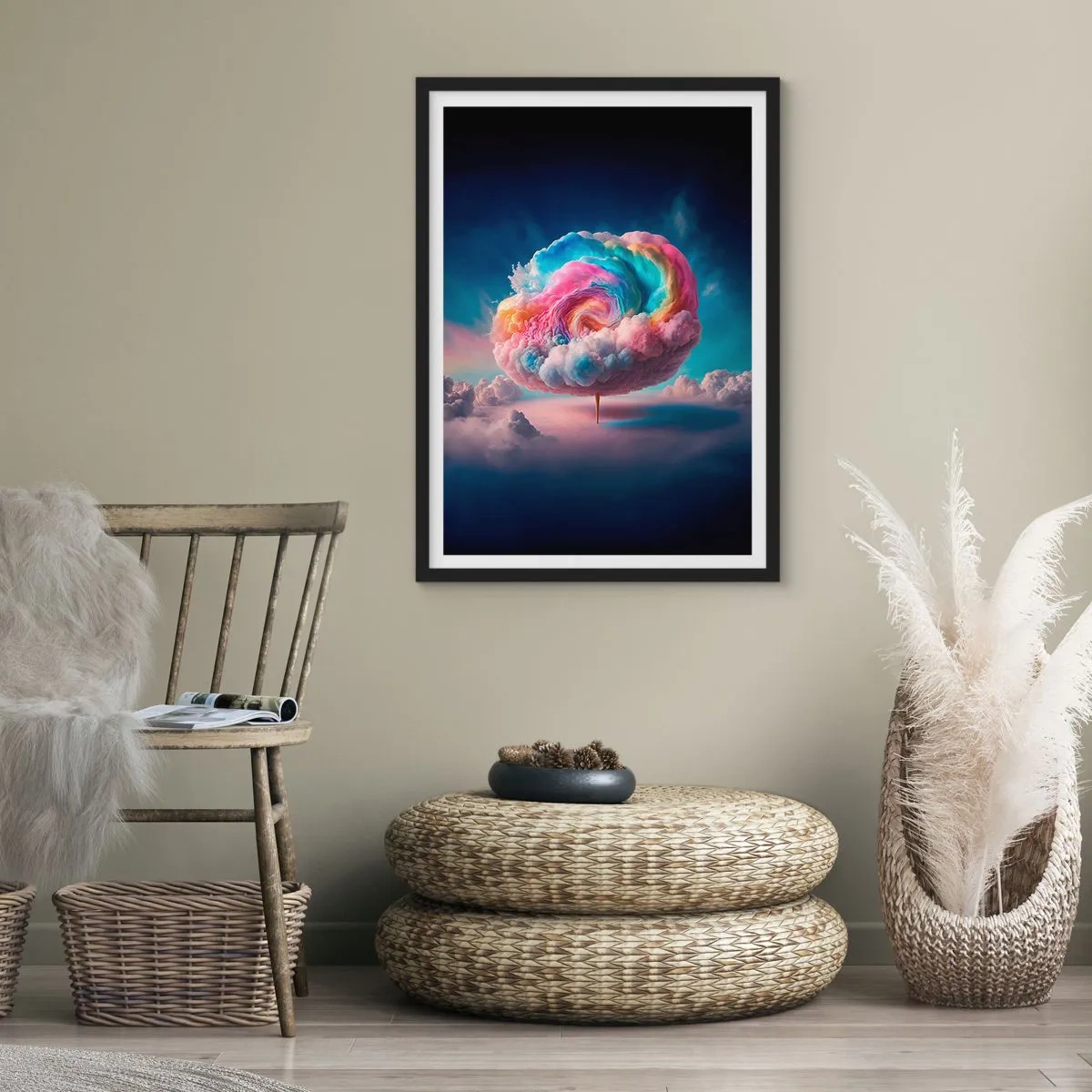 Poster in einem schwarzem Rahmen - Eine bunte, abstrakte Wolke wirbelt im Weltraum - 50x70cm - Traum von einem Vergnügungspark - Moderne Wanddekoration für Wohnzimmer und Schlafzimmer ARTTOR