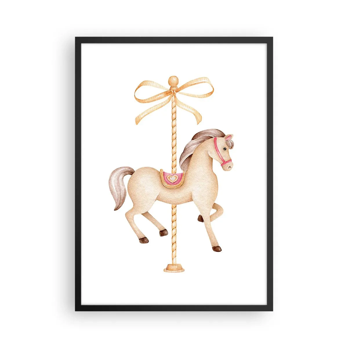 Poster in einem schwarzem Rahmen - Eine zarte Illustration eines Karussellpferdes in Pastell - 50x70cm - Anmutiger Trab - Moderne Wanddekoration für Wohnzimmer und Schlafzimmer ARTTOR