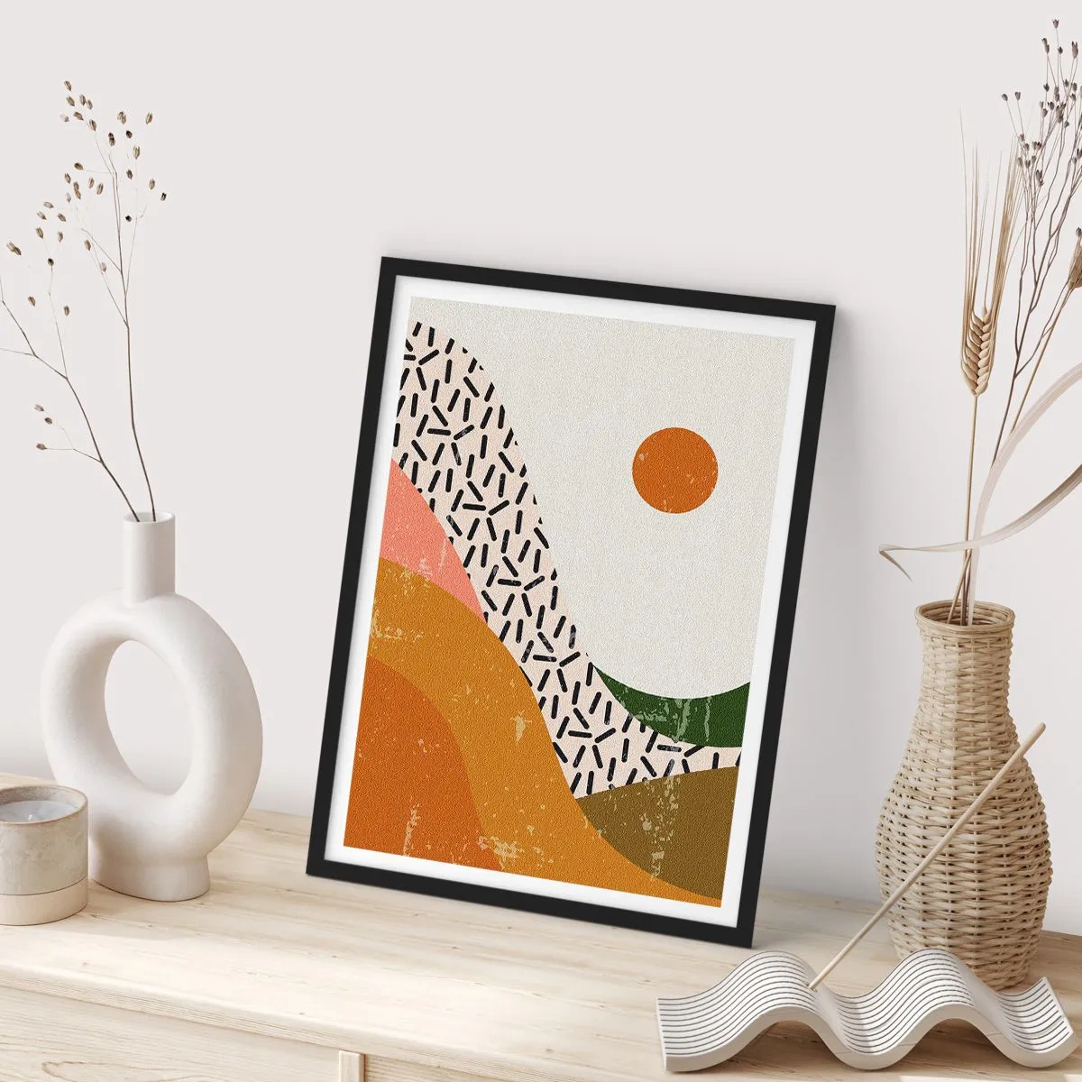 Poster in einem schwarzem Rahmen - Abstrakte Landschaft in warmen Farben - 50x70cm - Solare Abstraktion - Moderne Wanddekoration für Wohnzimmer und Schlafzimmer ARTTOR