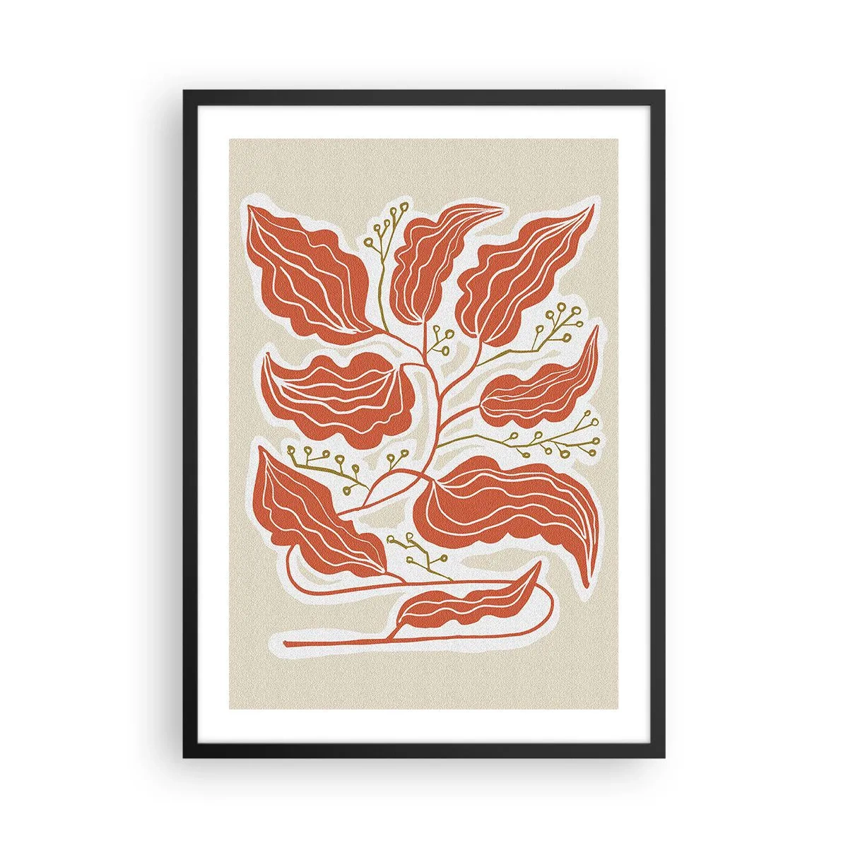 Poster in einem schwarzem Rahmen - Eine abstrakte Komposition aus Blättern in Orange- und Beigetönen. - 50x70cm - Im Folkstil und korallenartig - Moderne Wanddekoration für Wohnzimmer und Schlafzimmer ARTTOR