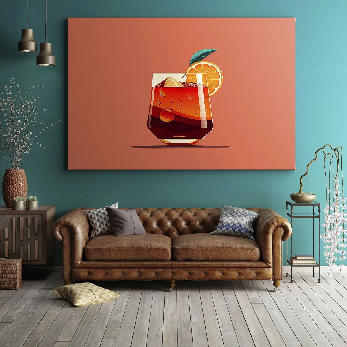Bild auf Leinwand - Leinwandbild - Ein Glas Getränk und eine Orangenscheibe auf orangefarbenem Hintergrund - 70x50cm - Sommerliche Erfrischung - Moderne Wanddekoration für Wohnzimmer und Schlafzimmer ARTTOR