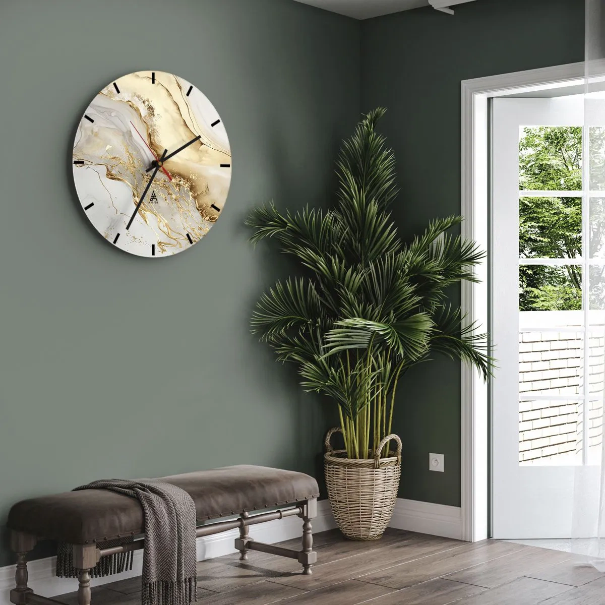 Wanduhr - Glasuhr - Gold abstrakter Spritzer auf beigem und weißem Hintergrund - 30x30cm - Abstraktion: Schönheit und Güte - Moderne Wanddekoration für Wohnzimmer, Küche und Schlafzimmer ARTTOR