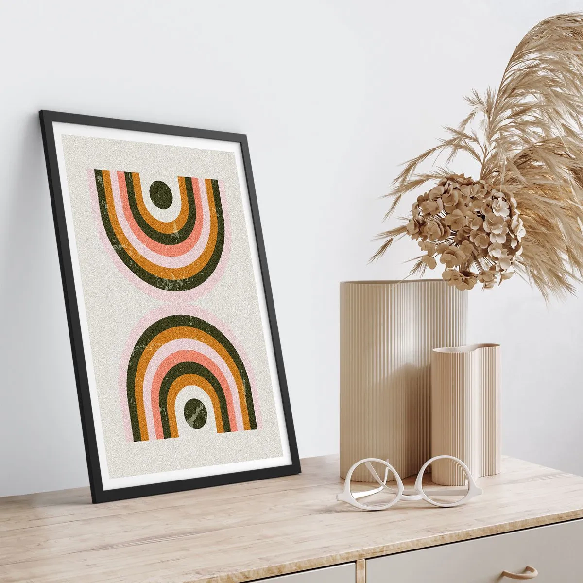 Poster in einem schwarzem Rahmen - Geometrische Komposition im Retro-Stil - 50x70cm - Zwillingsabstraktion - Moderne Wanddekoration für Wohnzimmer und Schlafzimmer ARTTOR