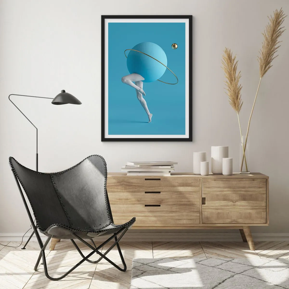 Poster in einem schwarzem Rahmen - Eine Figur mit einem Planeten als Kopf in einer surrealistischen Komposition - 50x70cm - Und die Planeten spielen verrückt - Moderne Wanddekoration für Wohnzimmer und Schlafzimmer ARTTOR