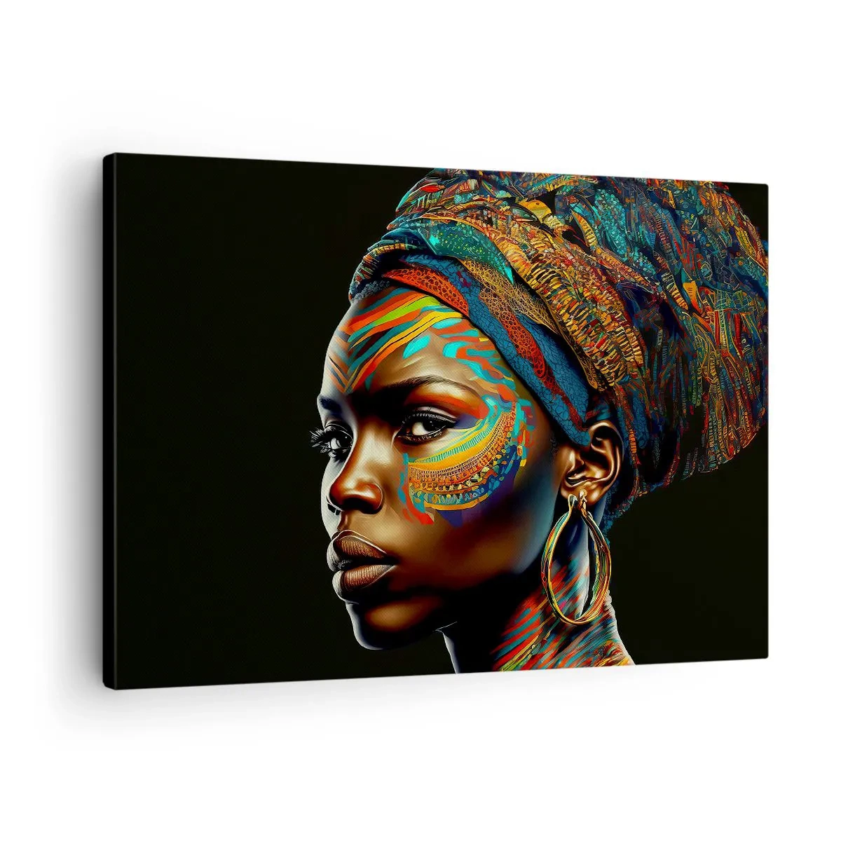 Bild auf Leinwand - Leinwandbild - Porträt einer Frau mit buntem Muster und Turban - 70x50cm - Afrikanische Königin - Moderne Wanddekoration für Wohnzimmer und Schlafzimmer ARTTOR