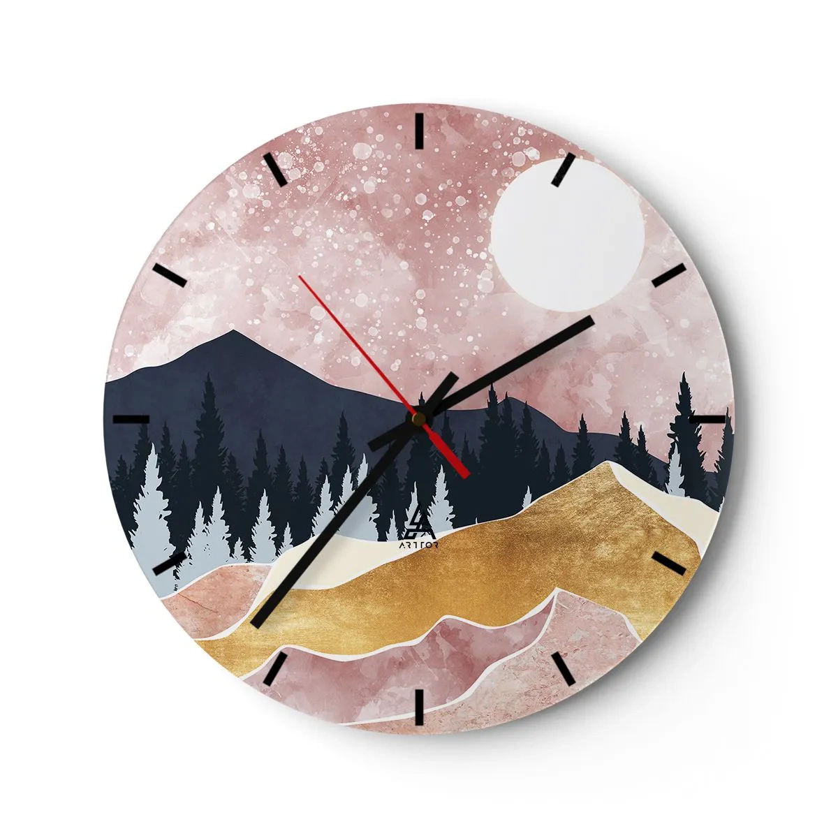 Wanduhr - Glasuhr - Künstlerische Berglandschaft in Pastellfarben mit Wald und Mond. - 30x30cm - Nachtwache - Moderne Wanddekoration für Wohnzimmer, Küche und Schlafzimmer ARTTOR
