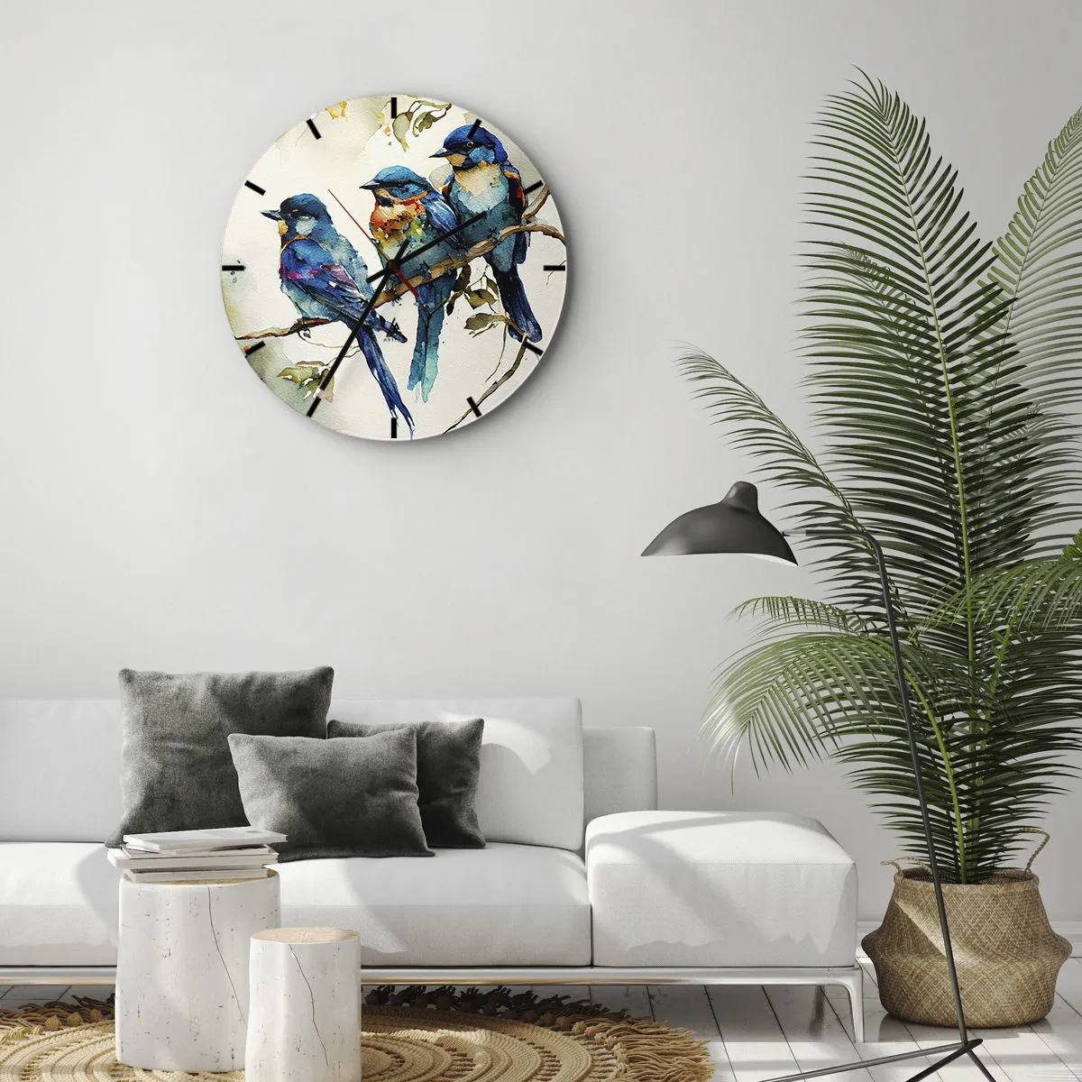 Wanduhr - Glasuhr - Bunte Vögel auf einem Ast im Aquarell-Illustrationsstil - 30x30cm - War er beleidigt? - Moderne Wanddekoration für Wohnzimmer, Küche und Schlafzimmer ARTTOR