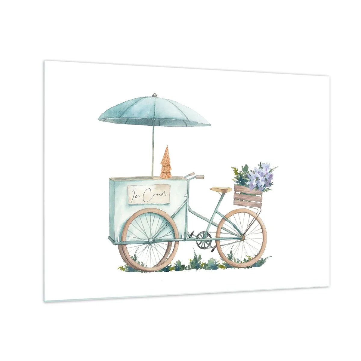 Glasbild - Bild auf glas - Ein Fahrrad mit Eiscreme und pastellfarbenen Blumen - 70x50cm - Süße Erinnerung an den Sommer - Moderne Wanddekoration für Wohnzimmer und Schlafzimmer ARTTOR