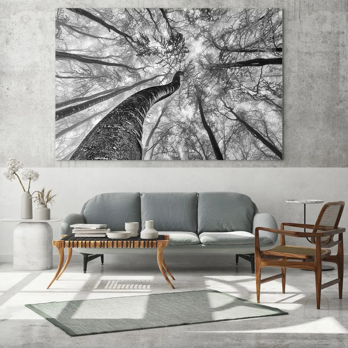 Glasbild - Bild auf glas - Schwarz-weiße Bäume, von unten in Richtung Himmel fotografiert - 70x50cm - Rennen zum Licht - Moderne Wanddekoration für Wohnzimmer und Schlafzimmer ARTTOR