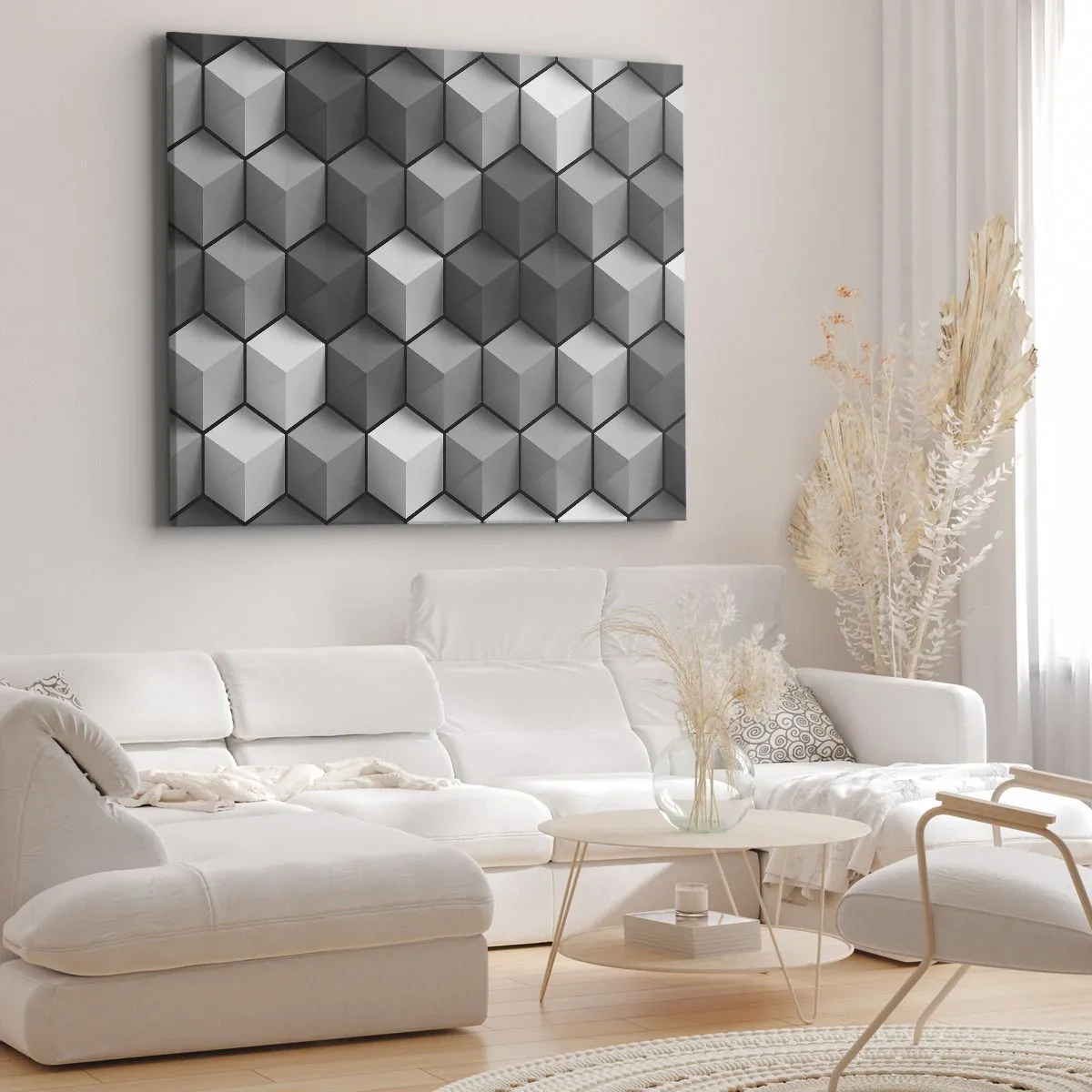Bild auf Leinwand - Leinwandbild - Geometrische Komposition aus Würfeln in Grau- und Schwarztönen - 70x50cm - Kubistisches Puzzle - Moderne Wanddekoration für Wohnzimmer und Schlafzimmer ARTTOR