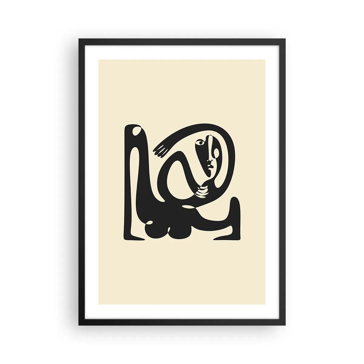 Poster in einem schwarzem Rahmen - Abstrakte Figur auf beigem Hintergrund mit schwarzen Linien - 50x70cm - Fast wie Picasso - Moderne Wanddekoration für Wohnzimmer und Schlafzimmer ARTTOR
