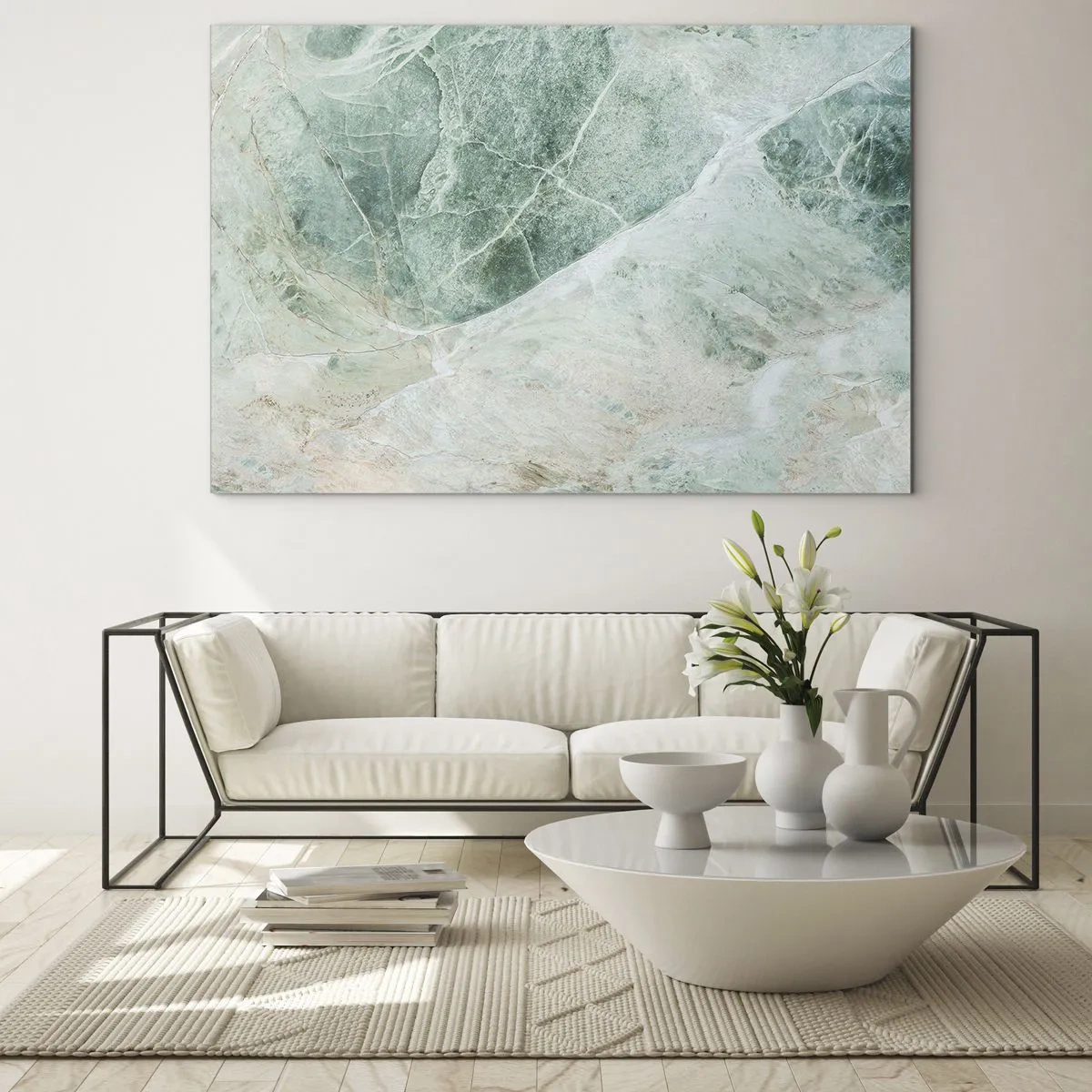 Glasbild - Bild auf glas - Grün-beige Textur, die an Naturstein erinnert - 70x50cm - Edle Kälte des Steins - Moderne Wanddekoration für Wohnzimmer und Schlafzimmer ARTTOR