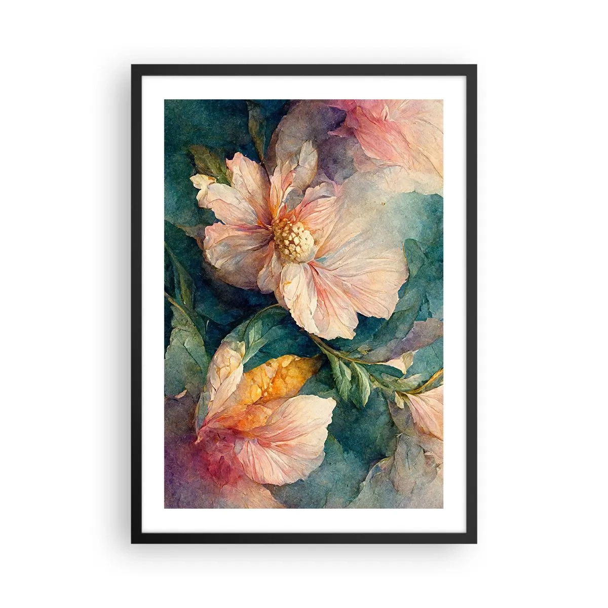 Poster in einem schwarzem Rahmen - Zarte Blüten im Aquarell-Stil - 50x70cm - Pure Subtilität - Moderne Wanddekoration für Wohnzimmer und Schlafzimmer ARTTOR