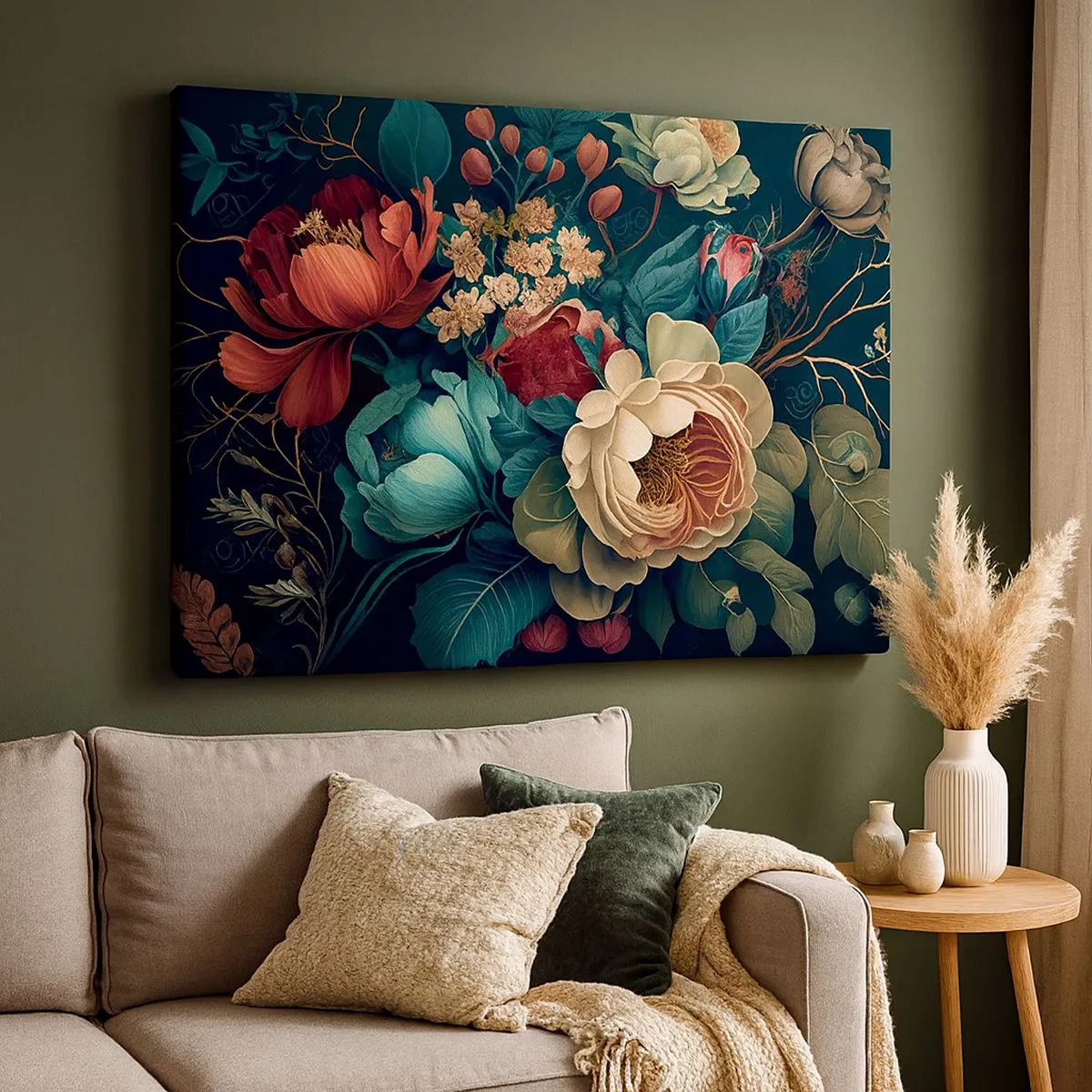 Bild auf Leinwand - Leinwandbild - Eine farbenfrohe Blumenkomposition auf dunklem Hintergrund - 70x50cm - Charme des 19. Jahrhunderts - Moderne Wanddekoration für Wohnzimmer und Schlafzimmer ARTTOR