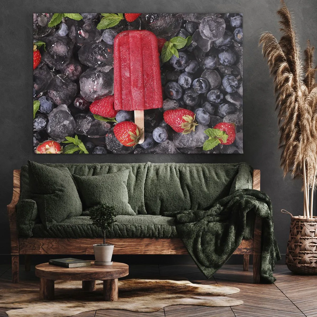 Bild auf Leinwand - Leinwandbild - Rotes Eis am Stiel, umgeben von Früchten und Eis - 70x50cm - So schmeckt der heiße Sommer - Moderne Wanddekoration für Wohnzimmer und Schlafzimmer ARTTOR